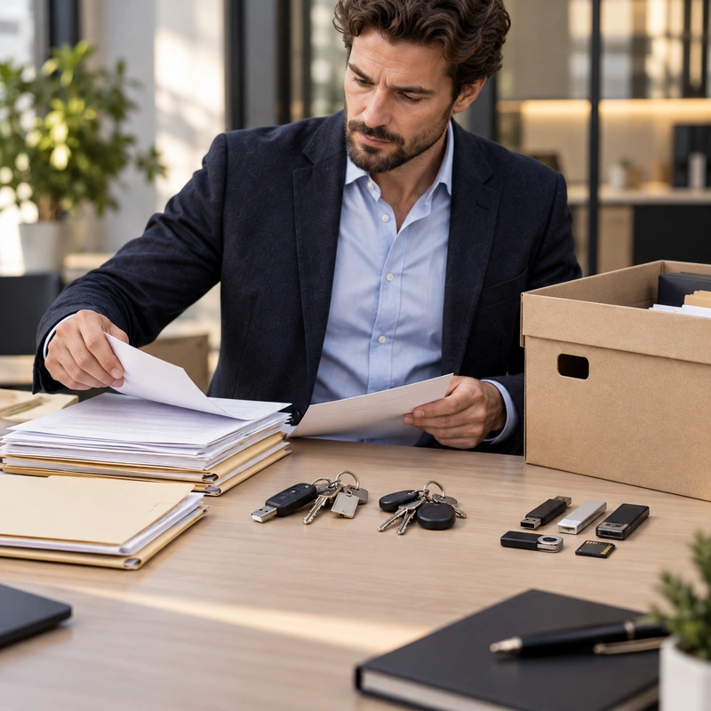 Dokumente, Schlüssel und USB-Datenträger werden auf einem Arbeitstisch sorgfältig in getrennte Gruppen sortiert.