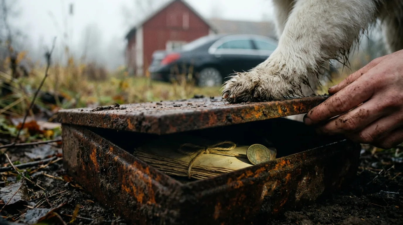 En öppnad rostig låda med en bunt gamla brev knutna med snöre och ett gammalt mynt, en lerig hundtass vilar på locket