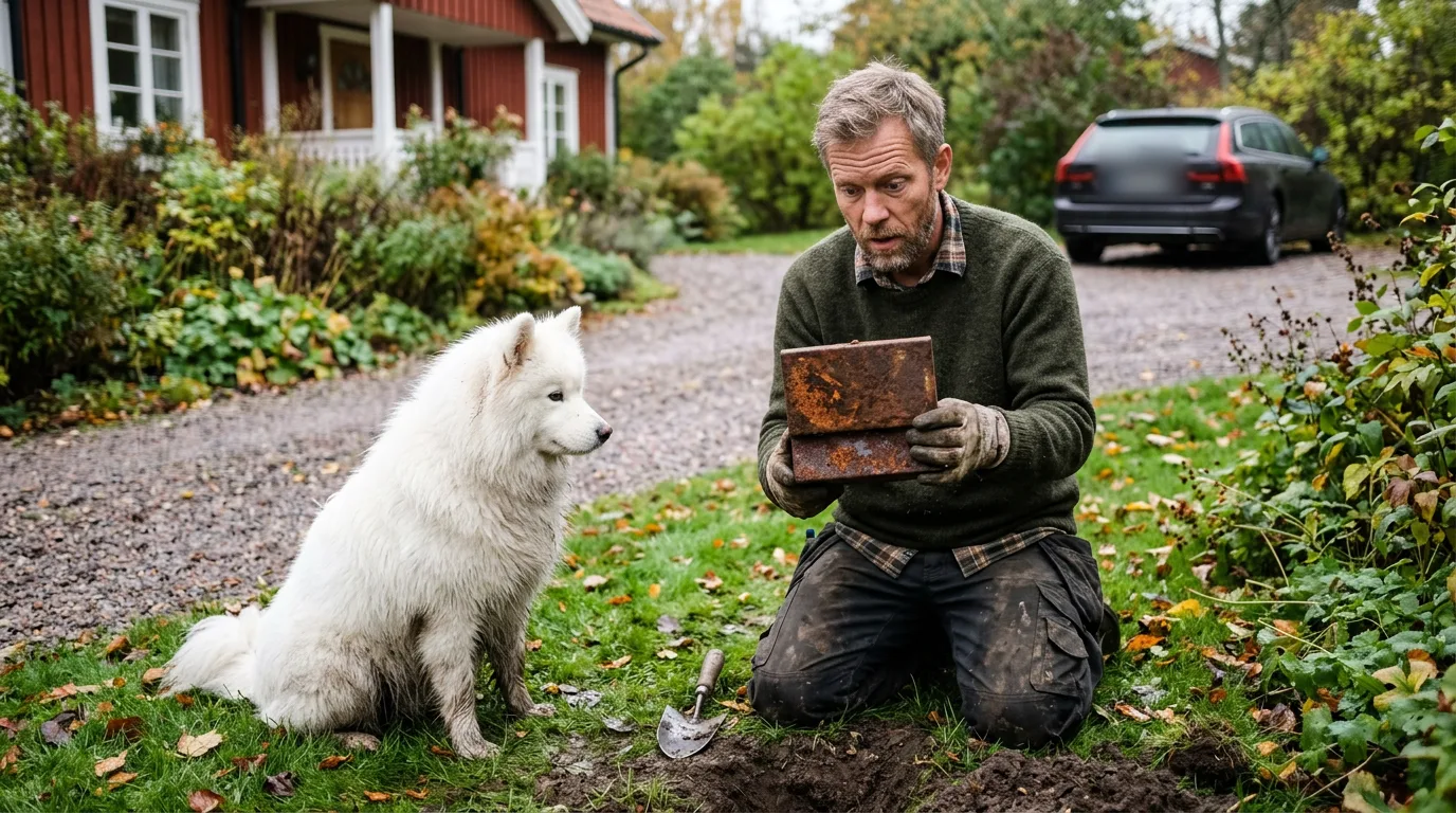 En man på knä vid en grop håller en rostig låda och ser förvånad ut, en vit samojed sitter bredvid